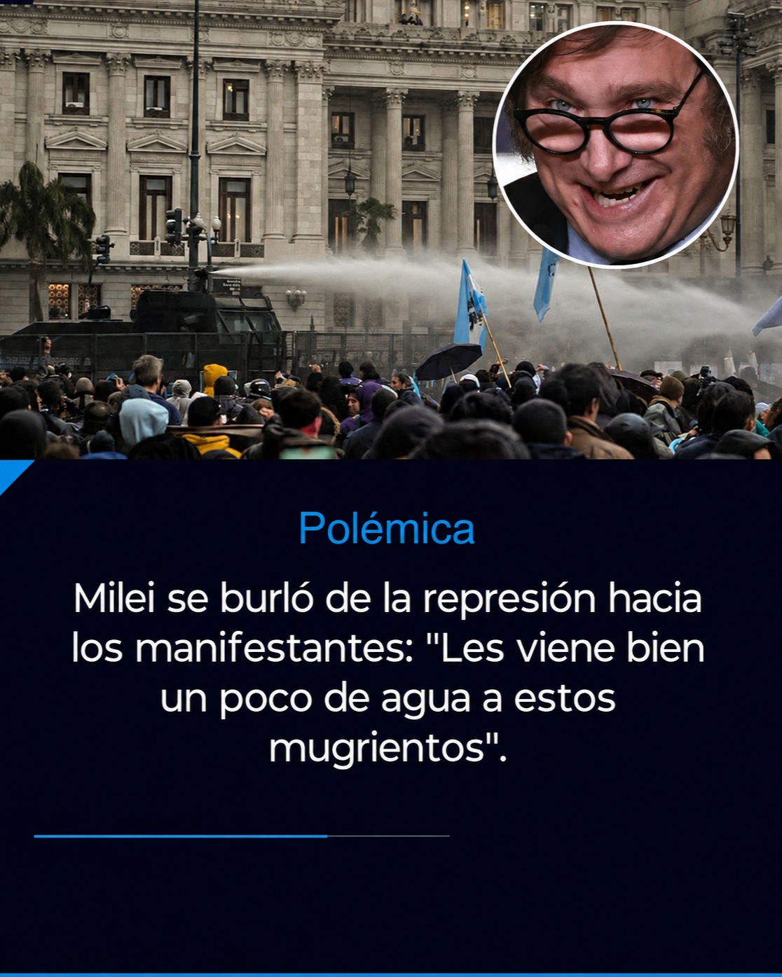 En medio de una jornada marcada por incidentes durante una protesta frente al congreso por la Ley de propiedad privada, una frase atribuida al presidente Javier Milei: "Me parece bien que hayan reprimido con agua a los manifestantes, les va a venir bien ya que no se bañan los mugrientos".
La publicación provocó miles de comentarios y reacciones, con opiniones divididas entre quienes siguieron el chiste y quienes cuestionaron el contenido..
#Milei #Argentina #PolíticaArgentina #Debate #Noticias #Tendencia #ley #congreso
