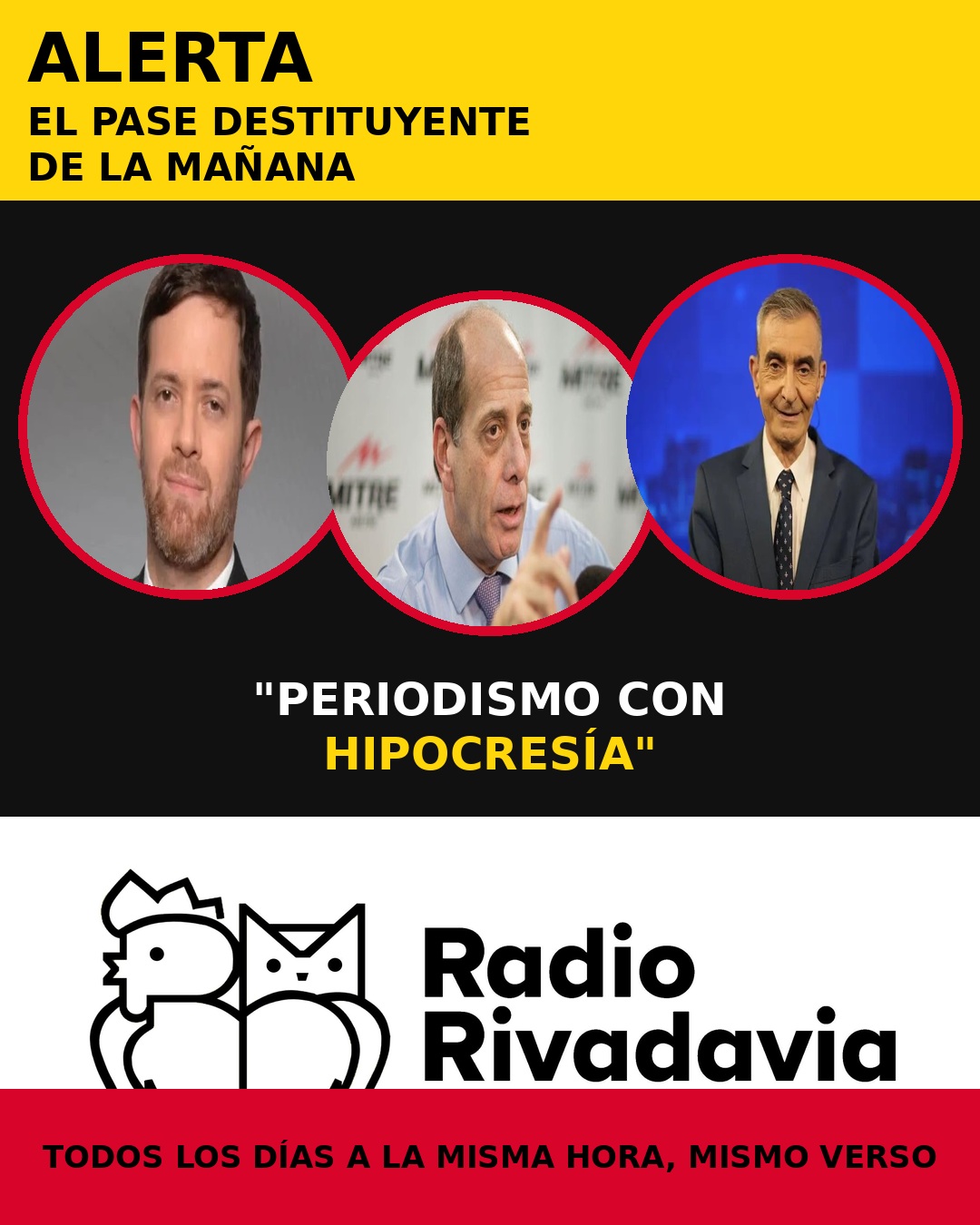 L PASE DESTITUYENTE DE LA MAÑANA 🎙️
Todos los días a la misma hora, el mismo verso. Tres micrófonos que se dicen "independientes" pero hacen periodismo con hipocresía.
Esmerilan, operan y tiran comentarios con doble intención contra un gobierno que fue elegido por el 56% de los argentinos y que hoy está cumpliendo lo que prometió en campaña.
No informan. Militan el fracaso.
El pueblo votó un cambio. Respeten la democracia.
¿Hasta cuándo el pase del odio? #ElPaseDestituyente #PeriodismoConHipocresia #RadioRivadavia #OperacionMediatica
#GobiernoLegitimo #56PorCiento #Democracia #LaVozDelPueblo #BastaDeOperetas
#Milei #LLA #Argentina #PoliticaArgentina #AnalisisLitoral #Rosario #SantaFe
#NoALaMentira #YoBancoAlGobierno @radiorivadavia @rivadavia630
@jonatanviale @cristinaperez @eduardo_feinmann
@javiermilei @lalibertadavanza