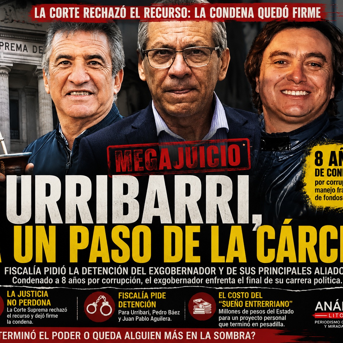 🔥 DEL “SUEÑO ENTRERRIANO” A LA PRISIÓN: URRIBARRI, CADA VEZ MÁS CERCA DE LA CÁRCEL

La Corte Suprema rechazó el recurso presentado contra la condena de 8 años. Ahora Fiscalía pidió su detención. El exgobernador que alguna vez soñó con llegar a la Casa Rosada enfrenta el capítulo más duro de su carrera política.

Urribarri fue condenado por hechos vinculados al manejo de publicidad oficial, contrataciones y utilización de fondos públicos. La Justicia consideró probado un entramado que involucró a funcionarios, empresarios y personas de su entorno.

Ahora la pregunta es inevitable:

❓ ¿Se terminó definitivamente la carrera política de Urribarri o todavía queda alguna carta judicial por jugar?

Y una pregunta todavía más incómoda:

¿Cuánto le costó a Entre Ríos aquel “Sueño Entrerriano”?

📍 ANÁLISIS LITORAL | Periodismo con memoria, contexto y mirada crítica.

#Urribarri #EntreRíos #Corrupción #Justicia #Política #PolíticaArgentina #EntreRíosPolítica #Concordia #Paraná #SueñoEntrerriano #CorteSuprema #Fiscalía #JusticiaArgentina #CorrupciónPolítica #Actualidad #Noticias #AnálisisLitoral #Argentina