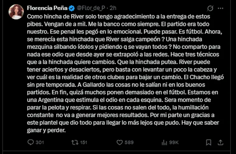 Florencia Peña fue duramente insultada luego del partido de River y este fue el motivo: "Machitos" 2 florencia pena