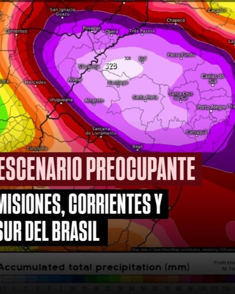 Posible escenario de lluvias excepcional en el sur de 🇧🇷#Brasil y vigilancia para #Misiones y #Corrientes. 
Los últimos escenarios del modelo europeo (ECMWF) muestran un posible acumulado de entre 200 y 300 milímetros de lluvia en los próximos 15 días sobre sectores del Sur de Brasil, este de la provincia de Corrientes y sur de Misiones.
Si este pronóstico llegara a concretarse, podría tratarse de un episodio de precipitaciones excepcional, con riesgo de inundaciones, crecidas de arroyos, e importantes daños en las zonas más afectadas.
⚠️⛔️En CORRIENTES se recomienda un seguimiento permanente de la situación, ya que las abundantes lluvias en el sur de Brasil pueden incrementar el caudal de la zona baja del río Uruguay (frontera con Corrientes).
De acuerdo con este escenario, el deterioro del tiempo comenzaría a partir de final de semana, con VARIOS DIAS de inestabilidad, tormentas y precipitaciones en distintos sectores de la provincia de Entre Rios, Corrientes, sur de Misiones y sur del Brasil.
Este patrón de lluvias intensas es compatible con los primeros impactos que podría generar #ElNiño, un fenómeno que suele favorecer precipitaciones superiores a lo normal en el noreste argentino, sur del Brasil y Uruguay.
ℹ️Proyección de lluvias acumuladas (próximos 15 días). Modelo ECMWF.